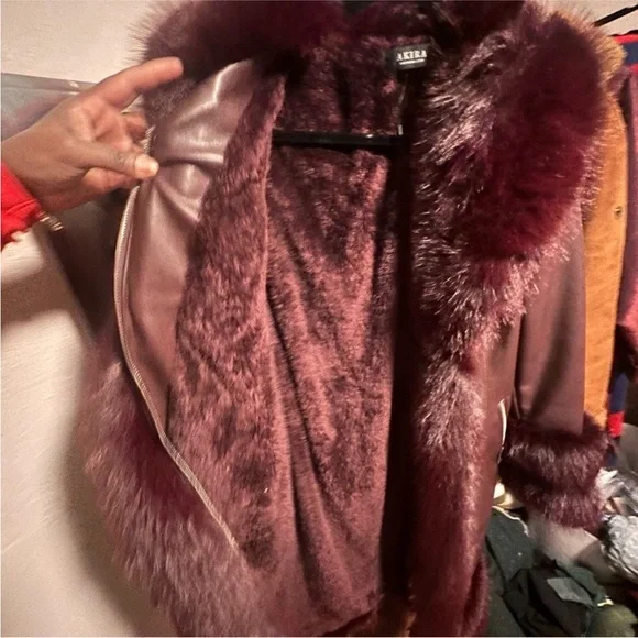 AKIRA Burgundy Leather Jacket with Fur Trim - Picture 7 of 10